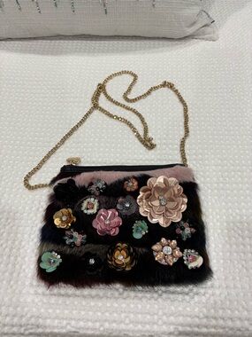 Betsey Johnson Floral Embellished Faux Fur Crossbody Bag - Pink & Black